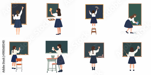 Collection of vector illustrations depicting a schoolgirl in uniform cleaning and erasing chalkboards in a classroom setting.