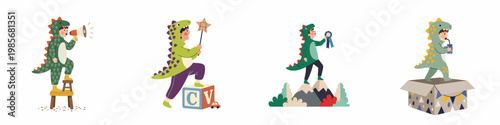 Set of illustrations depicting a young boy in various dinosaur costumes engaged in imaginative play, shouting through a megaphone, winning awards, and having fun.