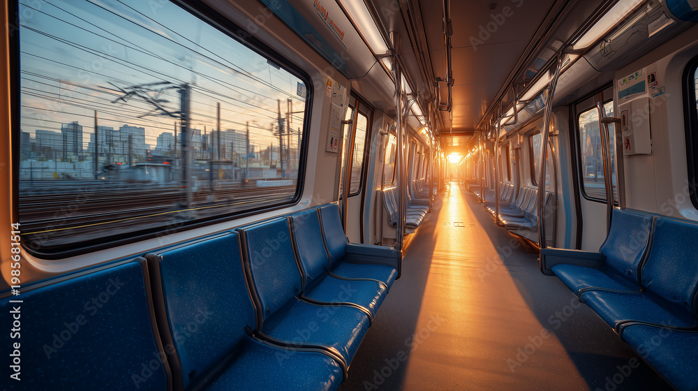 Naklejka premium Empty subway train interior at sunrise with sunlight through windows and urban public transport concept