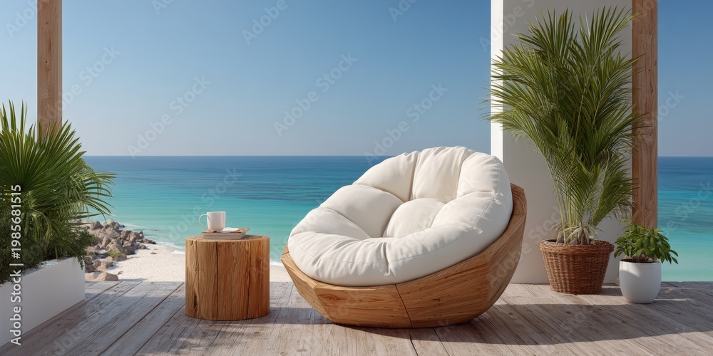 Obraz premium Cozy round lounge chair on wooden terrace with tropical plants overlooking calm turquoise ocean and clear blue sky