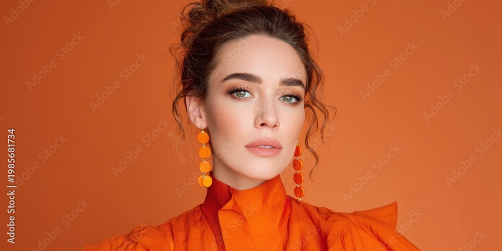 © DSimage - Elegant young woman in orange outfit and earrings posing against orange studio background