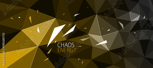 Low poly vector abstract background, 3D dark polygonal surface and particles flying in chaos, triangular structure and debris in decay, science and technology.