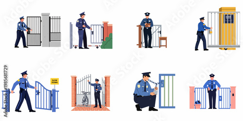 Professional illustrations of police officers in uniform securing, opening, and guarding various gates and entrances in different scenarios.