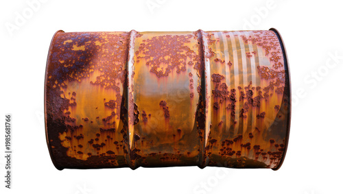 Heavily rusted metal barrel with textured surface, isolated on transparent background