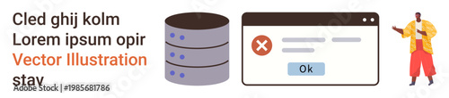 Data storage, error handling, technology solutions, user interaction, software debugging, web interface. Stack of database servers, error message popup person gesturing. Data management and error