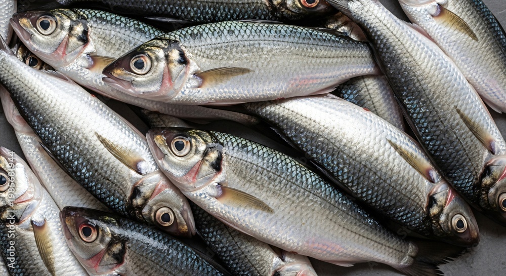 Fototapeta premium Freshly caught silver fish pile with scales glistening in light closeup raw seafood ingredient for cooking and healthy eating concepts