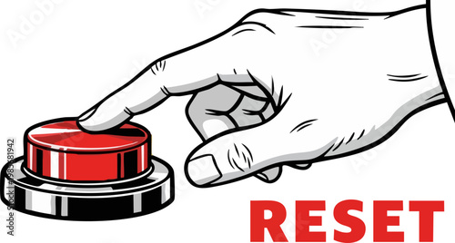 Retro comic style hand pressing red reset button, vintage pop art illustration of finger pushing emergency stop switch, restart concept vector
