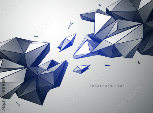 Transformation at the threshold. Fragmented geometric forms hover between stability and collapse, reflecting ambiguity, duality and the moment before change.