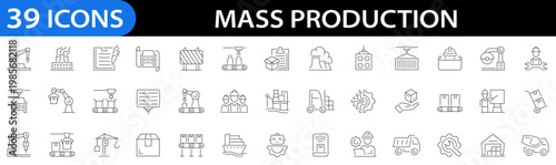 Mass production icon set. Robot, productive, workflow, industrial, automation, industrials, manipulator, painting, warehouse and more. Line icon style. Editable stroke. Vector illustration
