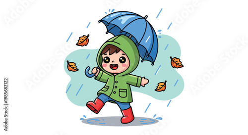 Cute cartoon child dressed in raincoat and boots playing in the rain with umbrella and falling leaves