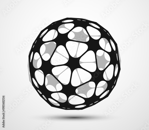 Organic cellular sphere with porous structure, abtract biomorphic form as isolated design element on clean light background.