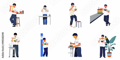 Flat vector illustrations of a male student in school uniform enjoying different styles of eating noodle soup from a bowl with chopsticks.