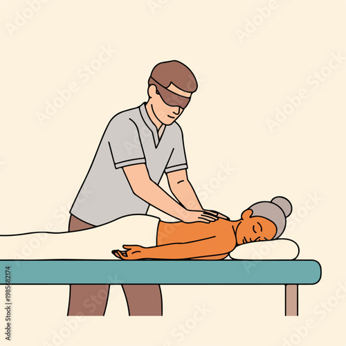 A blindfolded therapist giving a soothing back massage to a woman on a table