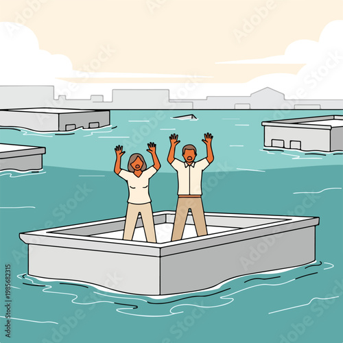 A man and woman stranded on a rooftop surrounded by a vast urban flood disaster