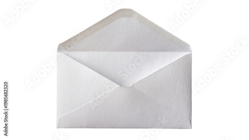 Open white paper envelope with textured surface, isolated on transparent background