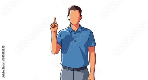 A man in a blue polo shirt gestures upwards with his finger in a cartoon style