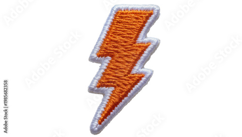 Canvas Print Orange embroidered lightning bolt patch with white border, isolated on transpare