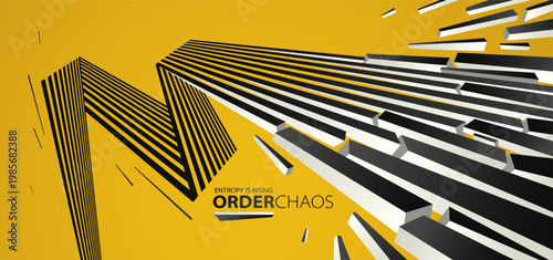 Entropy concept vector abstract background with debris flying in chaos, destruction theme wallpaper, exploded pieces disorder 3D design
