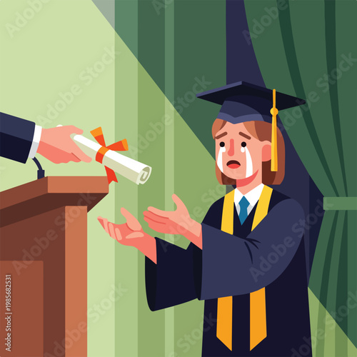 A crying graduate student receiving a diploma during a ceremony at a podium