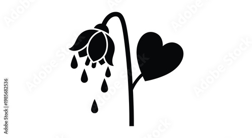 A drooping flower with teardrops and a heart shaped leaf is depicted in a stark black silhouette