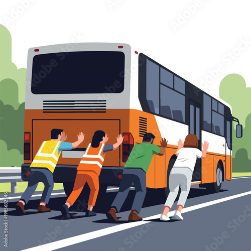People in safety vests and casual clothes pushing a broken down bus on the road