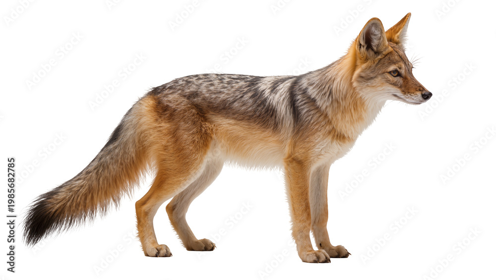 Obraz premium Golden jackal standing profile view, isolated on transparent background
