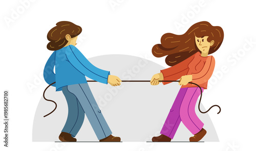 Tug of war struggle between young man and woman, vector illustration of a young people in hard concurrency pulling a rope.