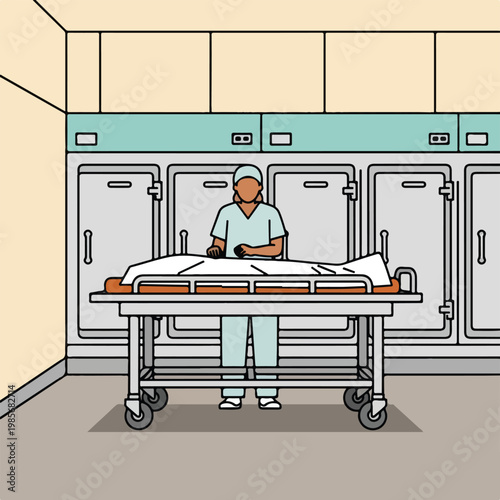 A medical professional prepares a body on a gurney inside a morgue cold storage