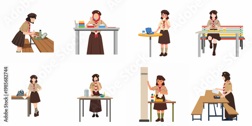 Collection of illustrations showing girl scouts in uniform eating meals and snacks at various tables and canteen settings.