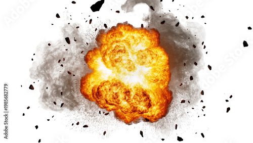 Foto Fiery orange explosion with dark debris and smoke, isolated on transparent backg
