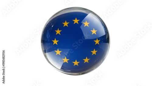 Glossy EU flag sphere with yellow stars, isolated on transparent background