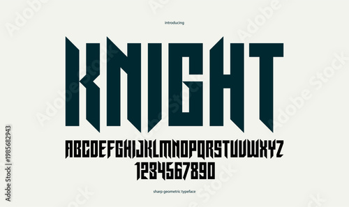 Sharp and bold vector display condensed font for logos, gothic or heavy metal style modern tall typeface, edgy hard rock letters and numbers alphabet for titles or slogans, heavy typography.