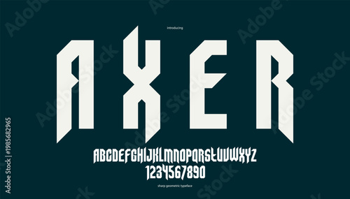 Sharp and bold vector display font for logo, gothic or heavy metal style modern typeface, edgy hard rock letters and numbers alphabet for titles or slogans, heavy typography.