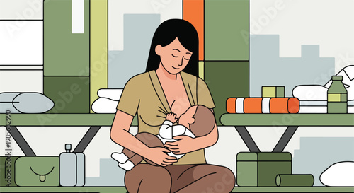 An illustrated mother tenderly breastfeeding her infant in a quiet domestic space