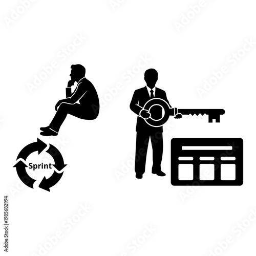 Business process optimization, agile workflow icons, sprint cycle, productivity symbols, vector set