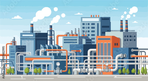 A flat vector illustration of an industrial factory with pipes and smoke stacks