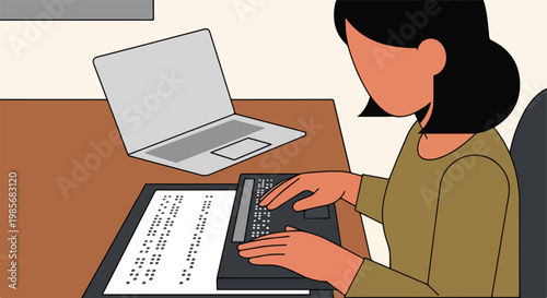 A person with visual impairment typing on a braille keyboard at a workstation