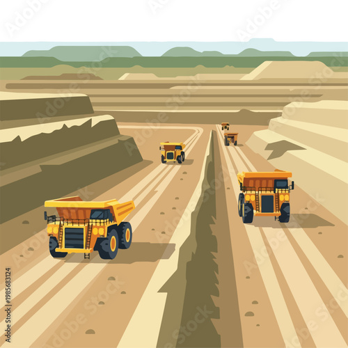 Large yellow dump trucks navigating through a vast, open-pit mining landscape site