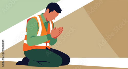 A construction worker wearing a high-visibility vest kneels in a prayer pose