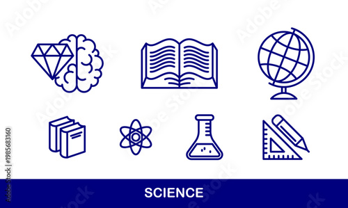 Science vector icons set, physics and chemistry, mathematics and geography, research and experiments.