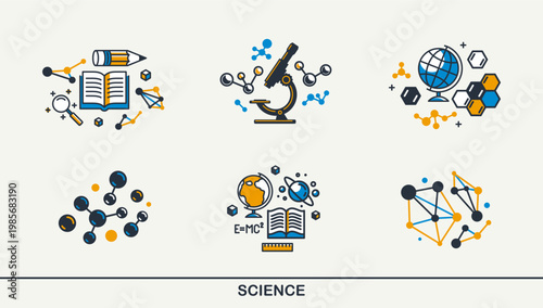 Science vector detailed icons set, molecules and atoms laboratory experiment, book university study, flask and tube experiment.
