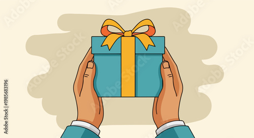 Two hands holding a blue gift box with a yellow ribbon against a beige backdrop