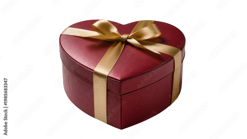 Obraz premium Red heart-shaped gift box with gold ribbon, isolated on transparent background