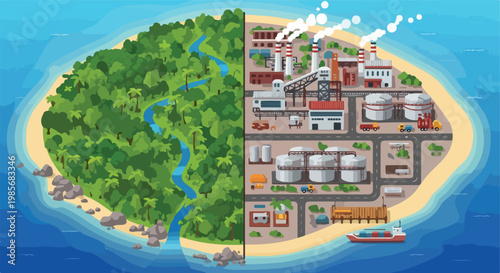 An island divided between lush green tropical nature and industrial development