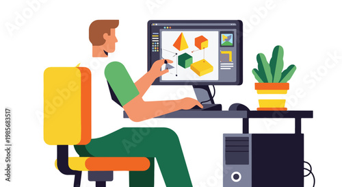 A designer works on 3D geometric shapes using a computer in a modern workspace