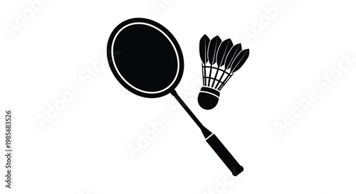 A striking black illustration depicts a badminton racket and shuttlecock against a white background a bold silhouette