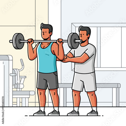 Illustration of a gym trainer assisting a man lifting a heavy iron barbell
