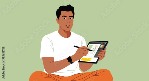 A young man sitting cross-legged while drawing on a digital tablet with a stylus