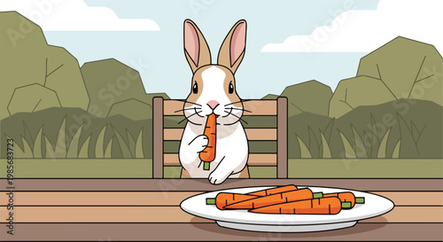 A cute cartoon rabbit sits at a wooden table outdoors, eating a fresh carrot