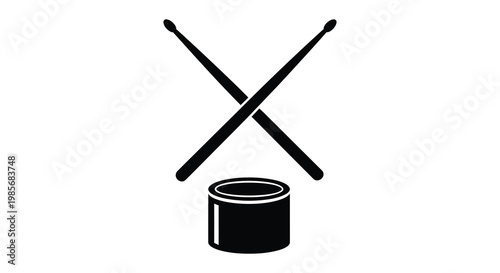 A striking black depiction shows crossed drumsticks above a cylindrical drum creating a minimalist silhouette high quality professional